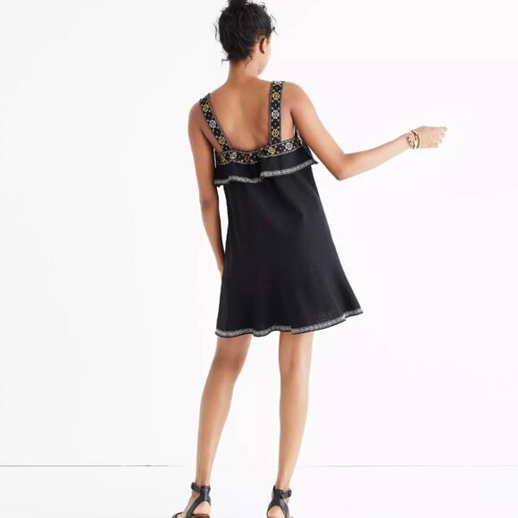 Madewell Tiered Black Linen Blend Boho Embroidered Coastal Cowgirl Mini Dress - Picture 2 of 12